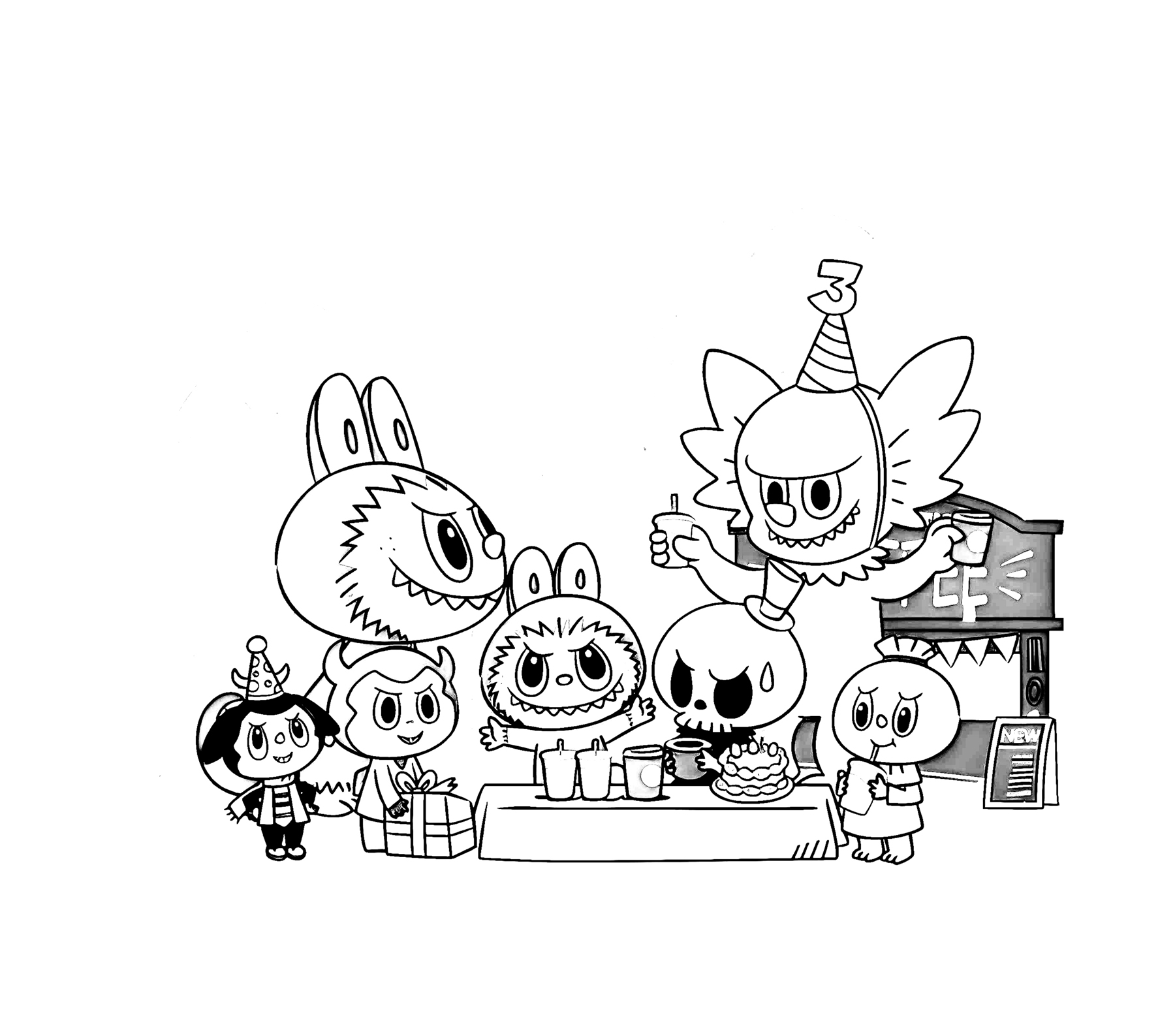 Labubu and friends at a birthday party, line art for coloring