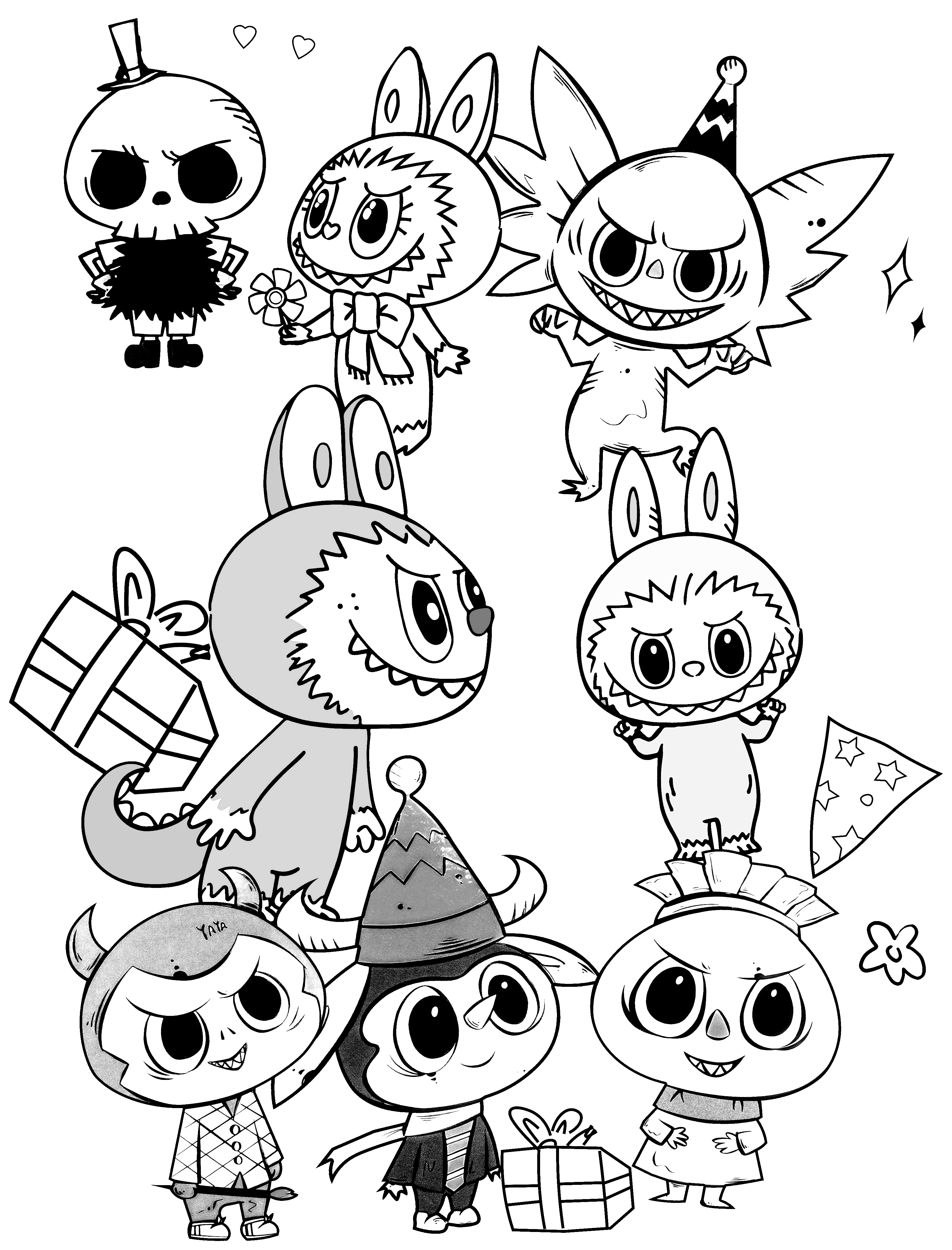 Labubu with a best friend, line art for coloring