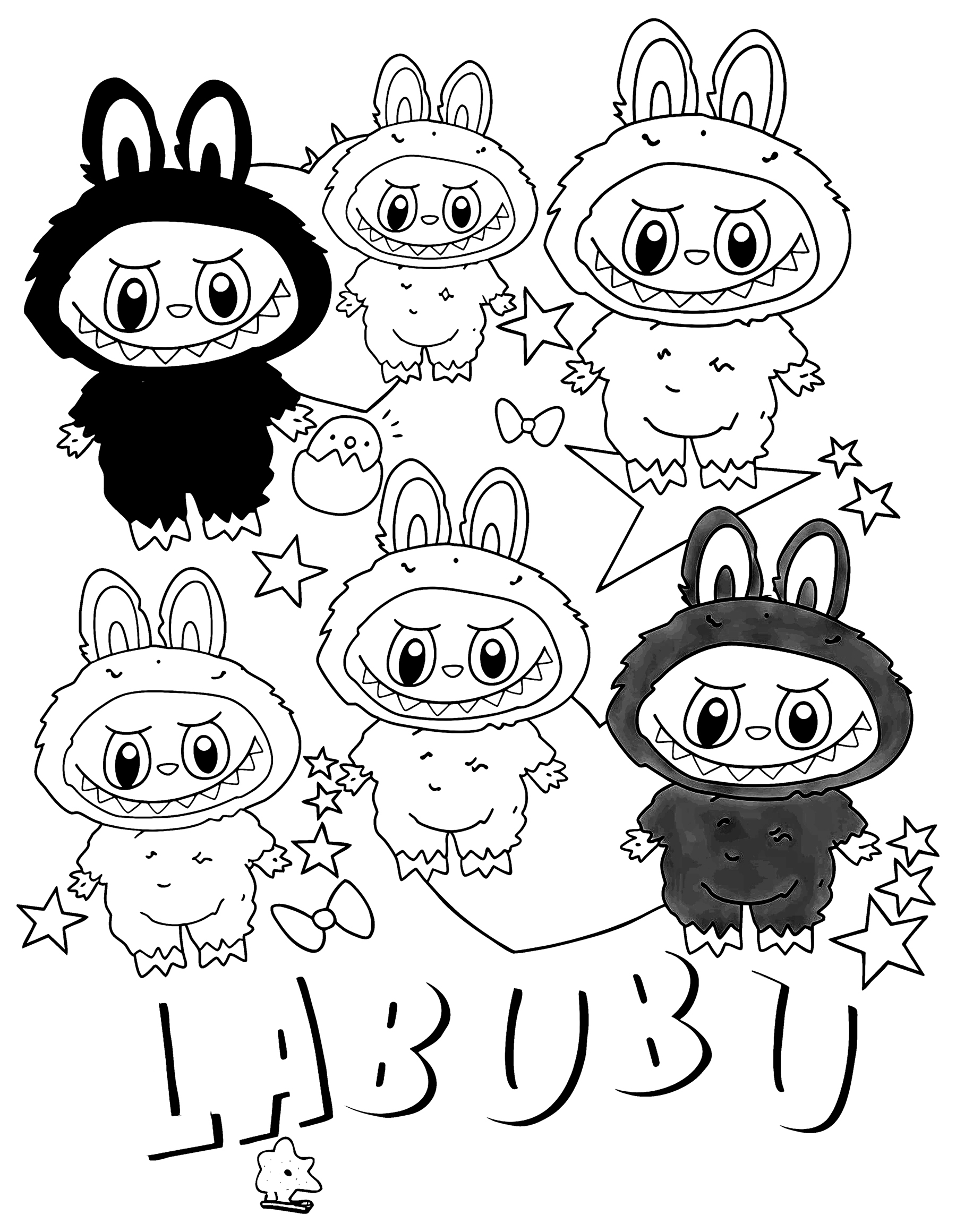 Labubu and friends on an adventure, line art for coloring