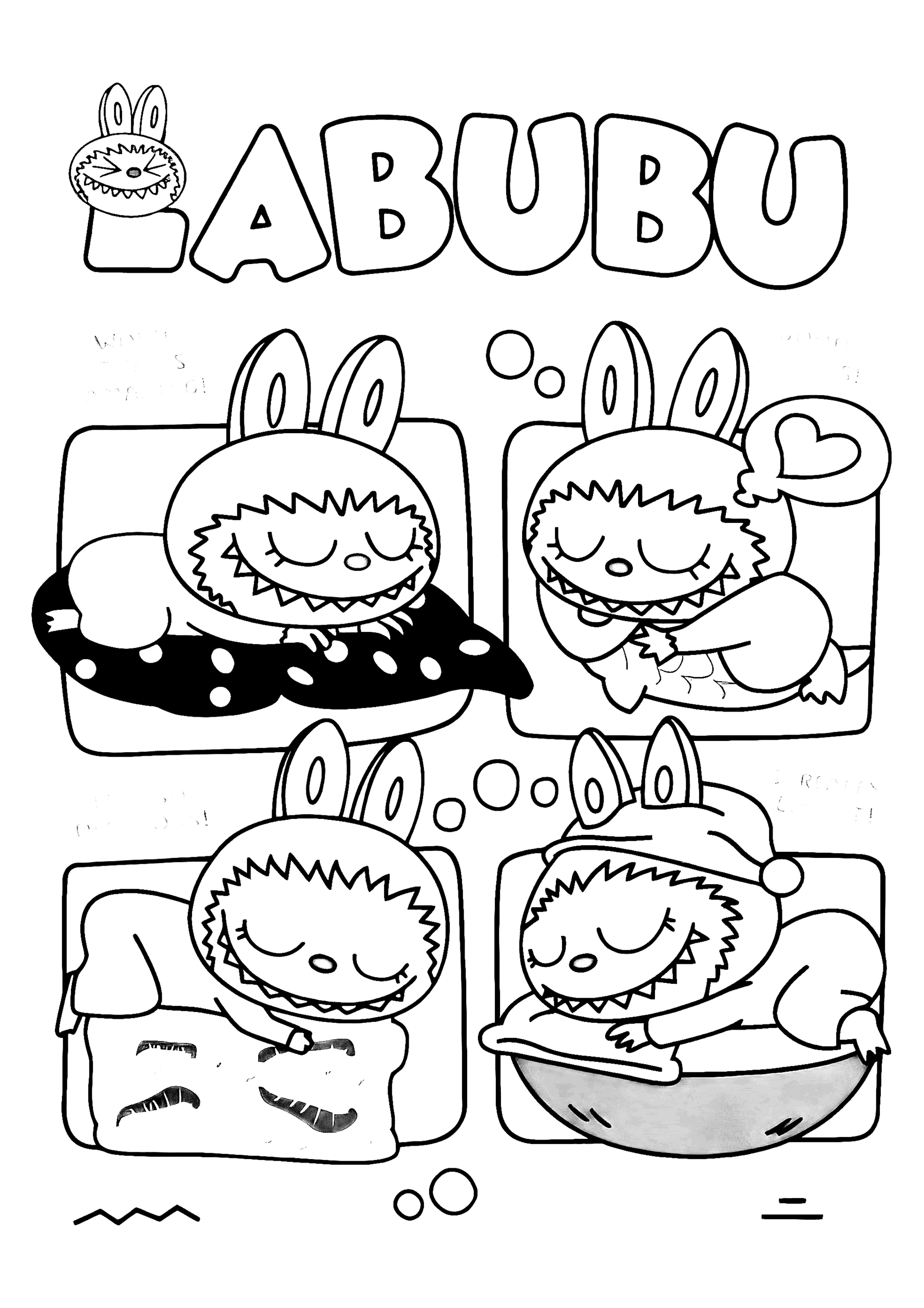 Labubu sleeping with friends, line art for coloring