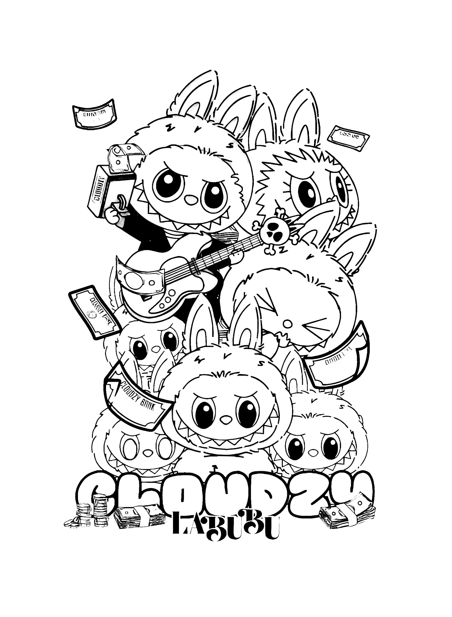 Labubu and friends having a music party, line art for coloring