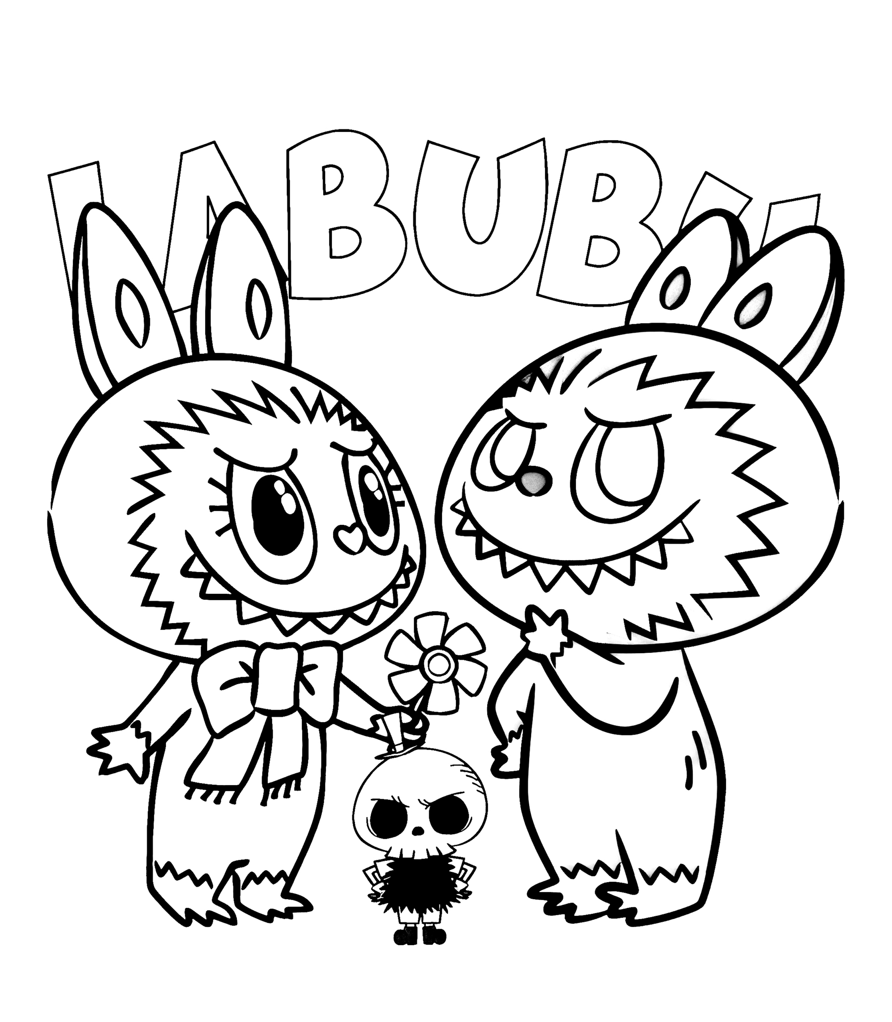 Labubu on a friendship journey, line art for coloring