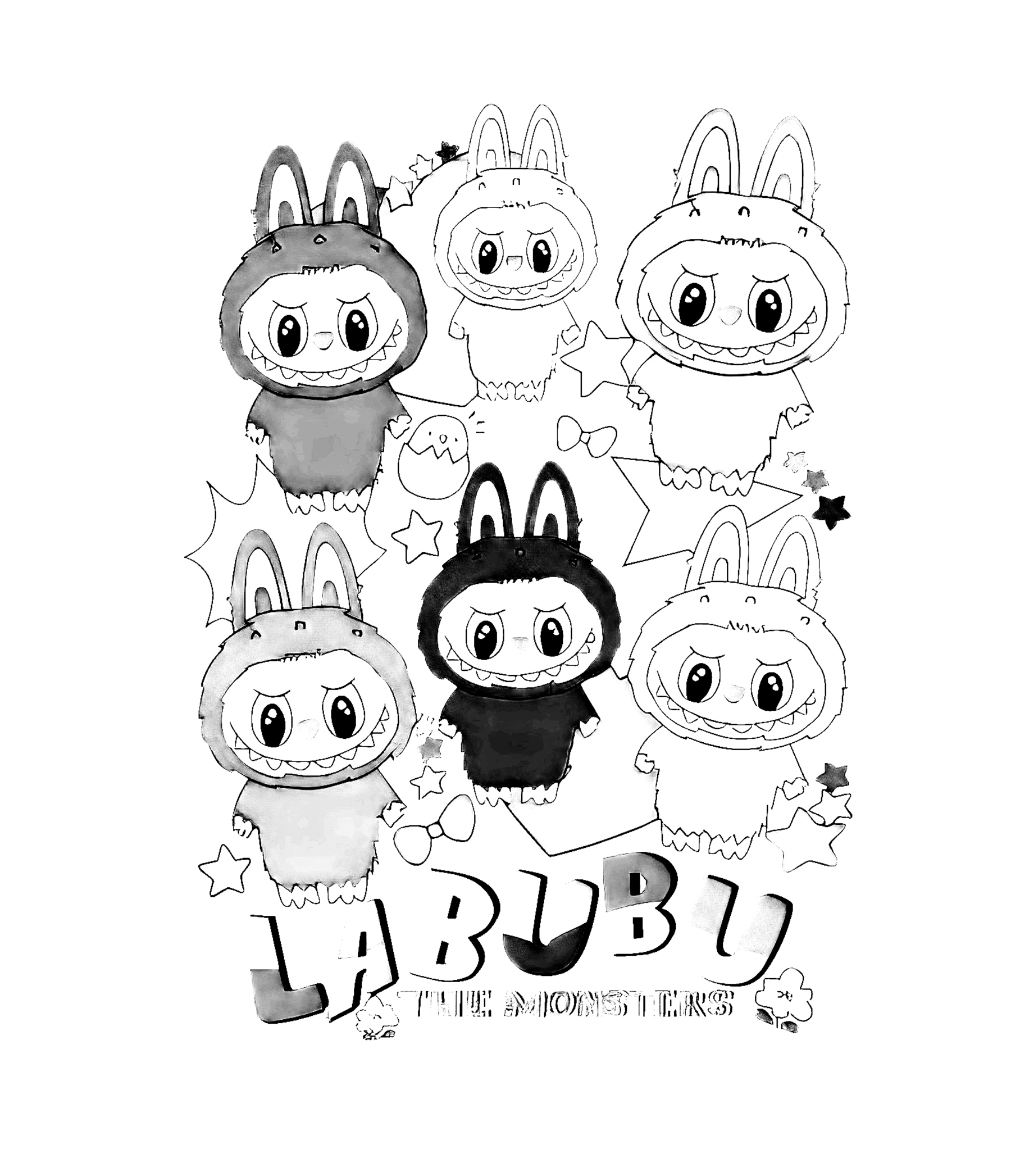 Labubu and friends playing fun games, line art for coloring
