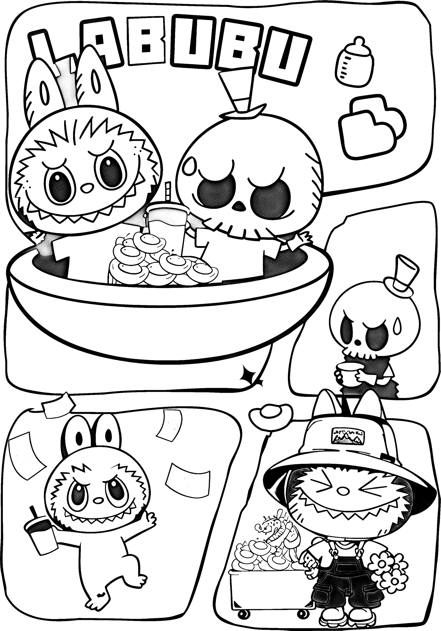 Labubu at a surprise party, line art for coloring