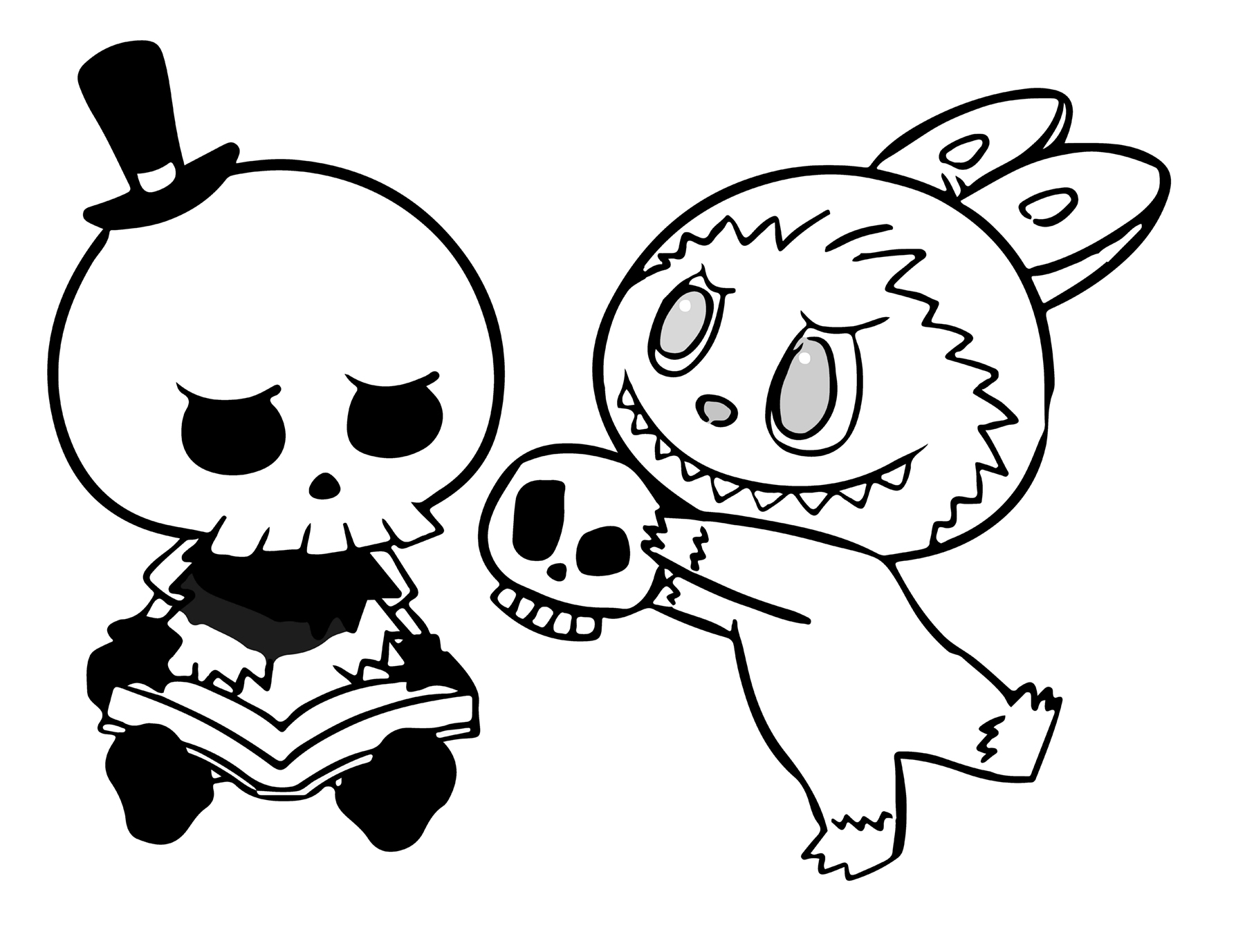 Labubu sharing a treat with friends, line art for coloring