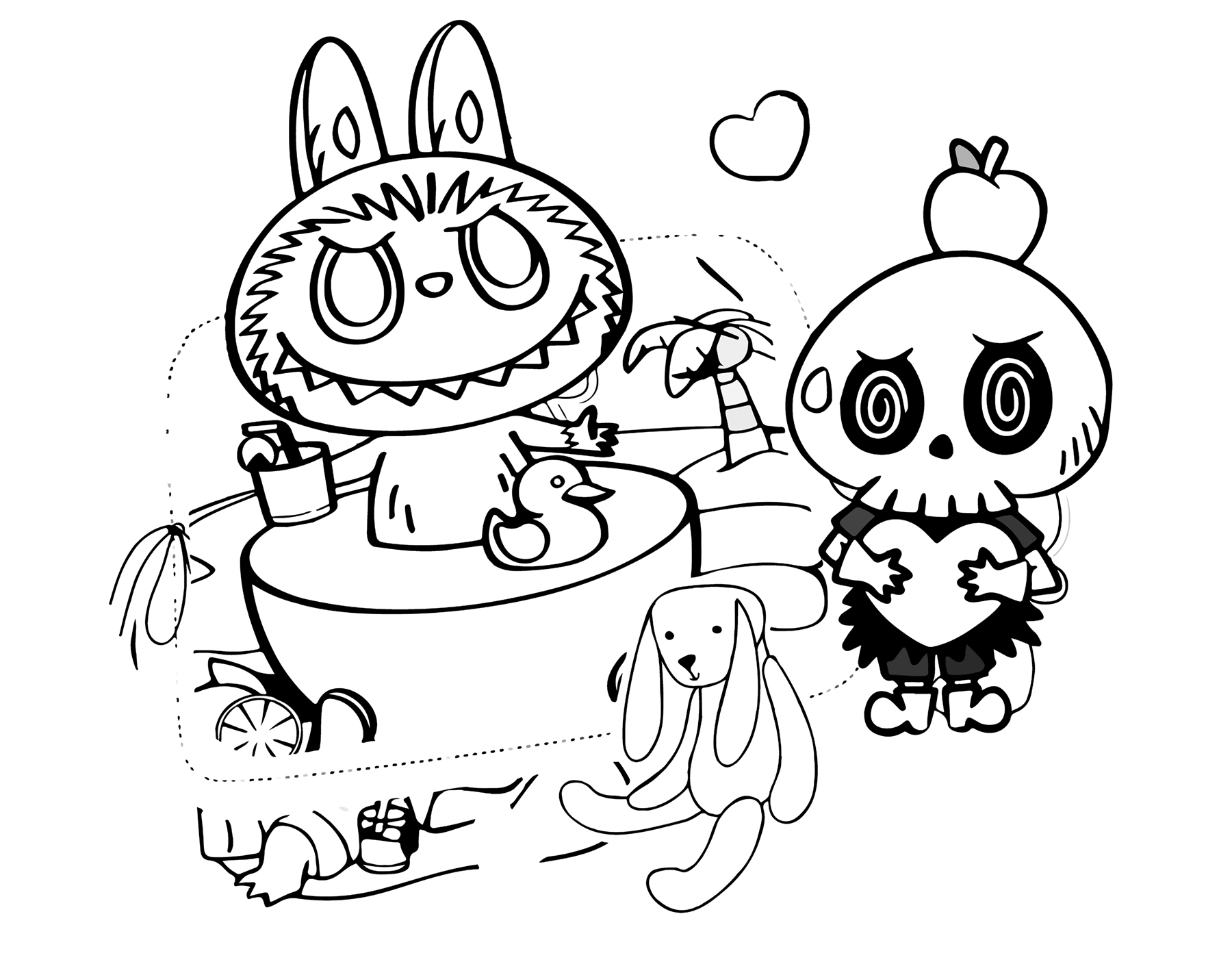 Labubu and friends having a picnic, line art for coloring