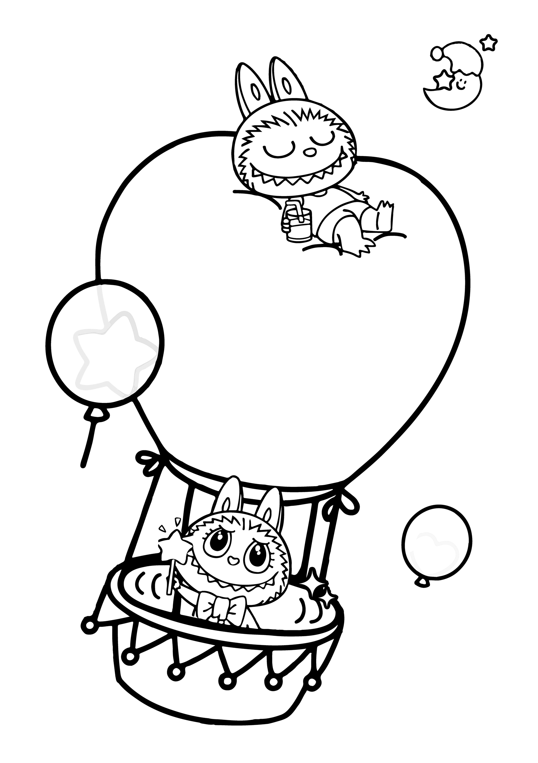 Labubu on a balloon journey, line art for coloring