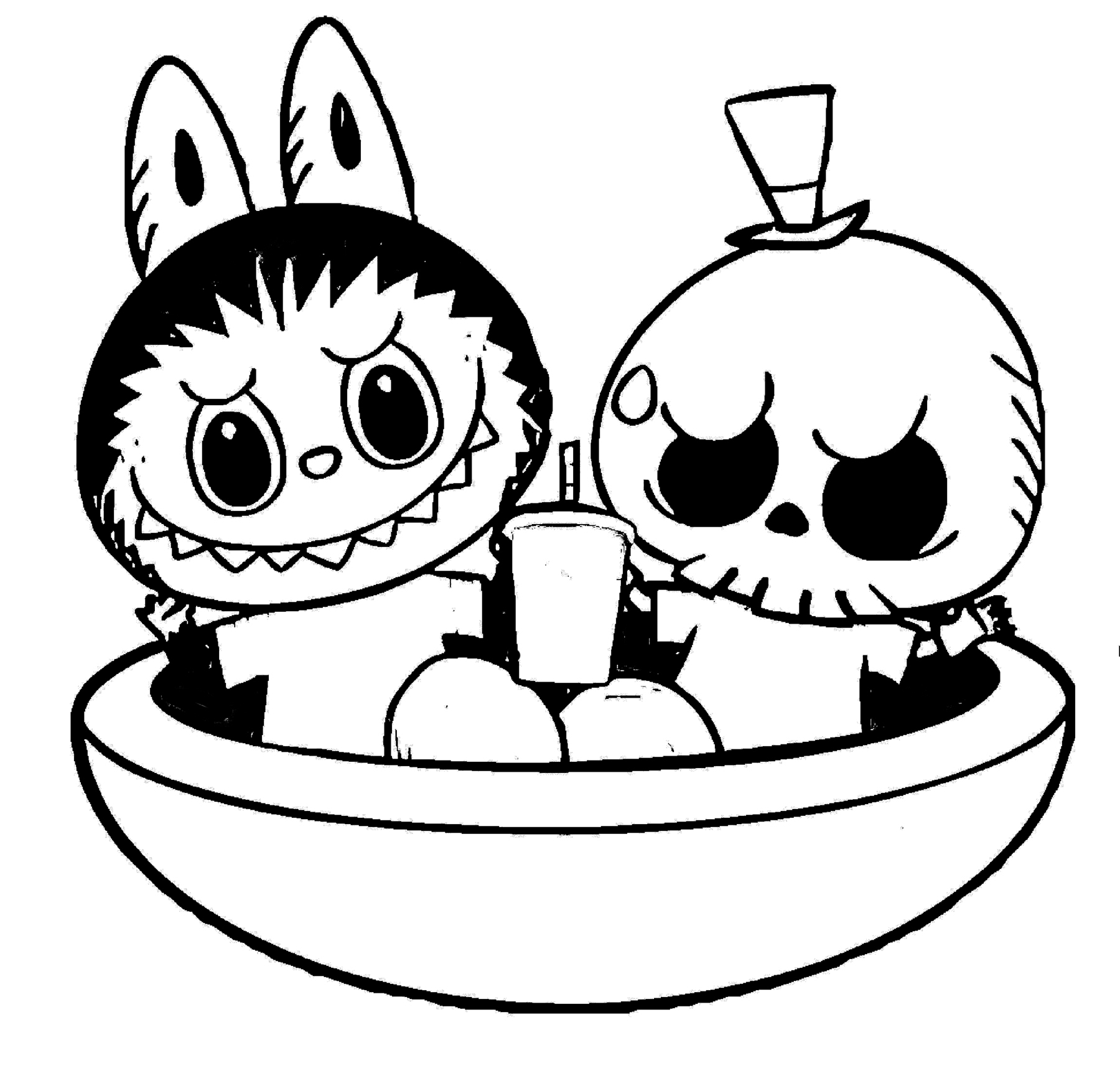 Labubu and friends having a drink, line art for coloring