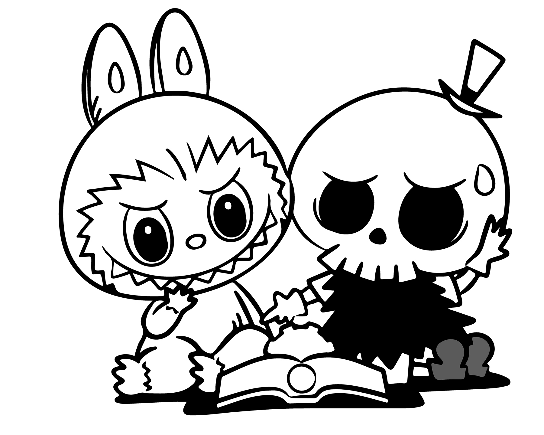 Labubu and friends reading books together, line art for coloring