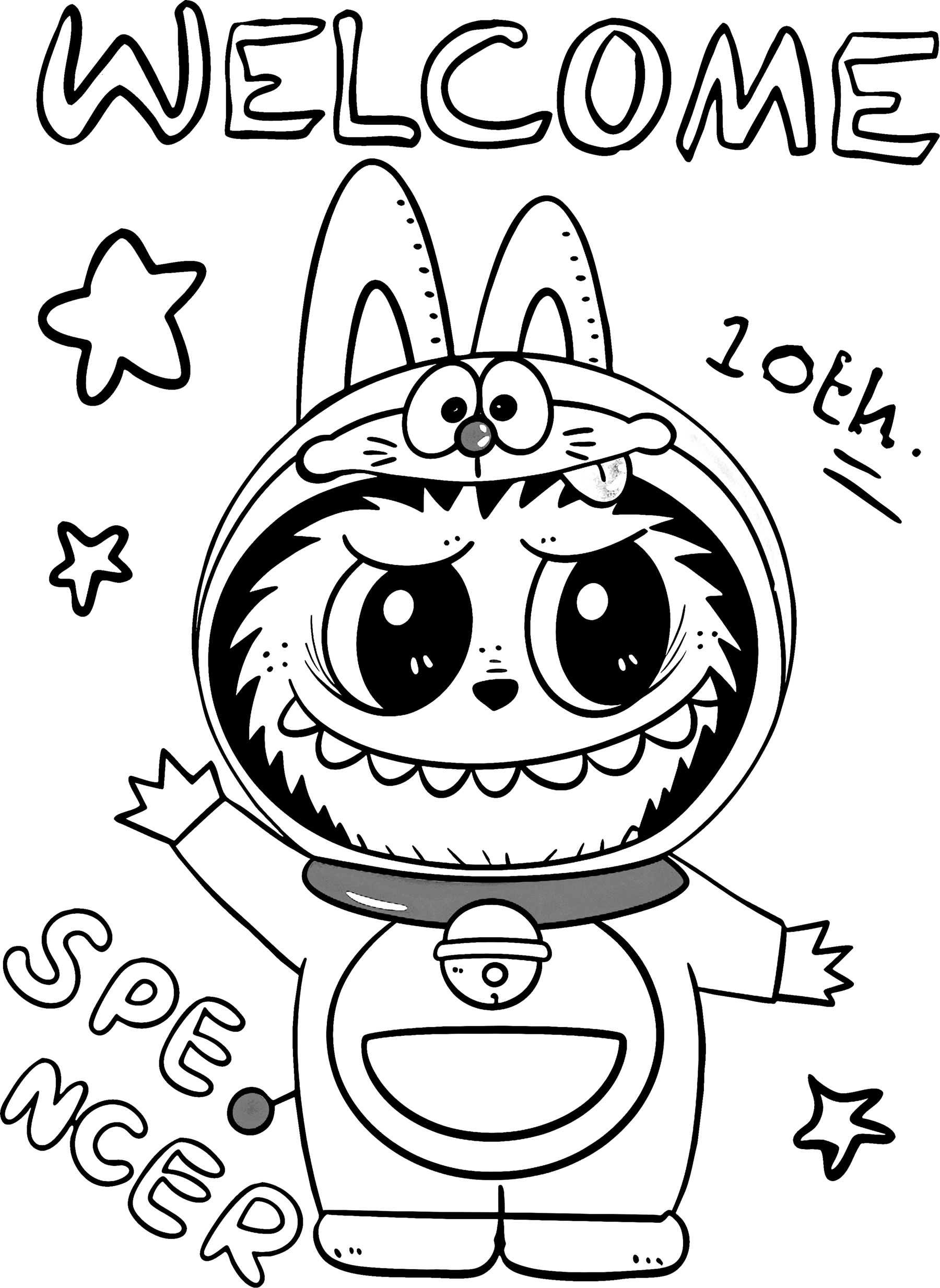 Labubu dressed as Doraemon, line art for coloring