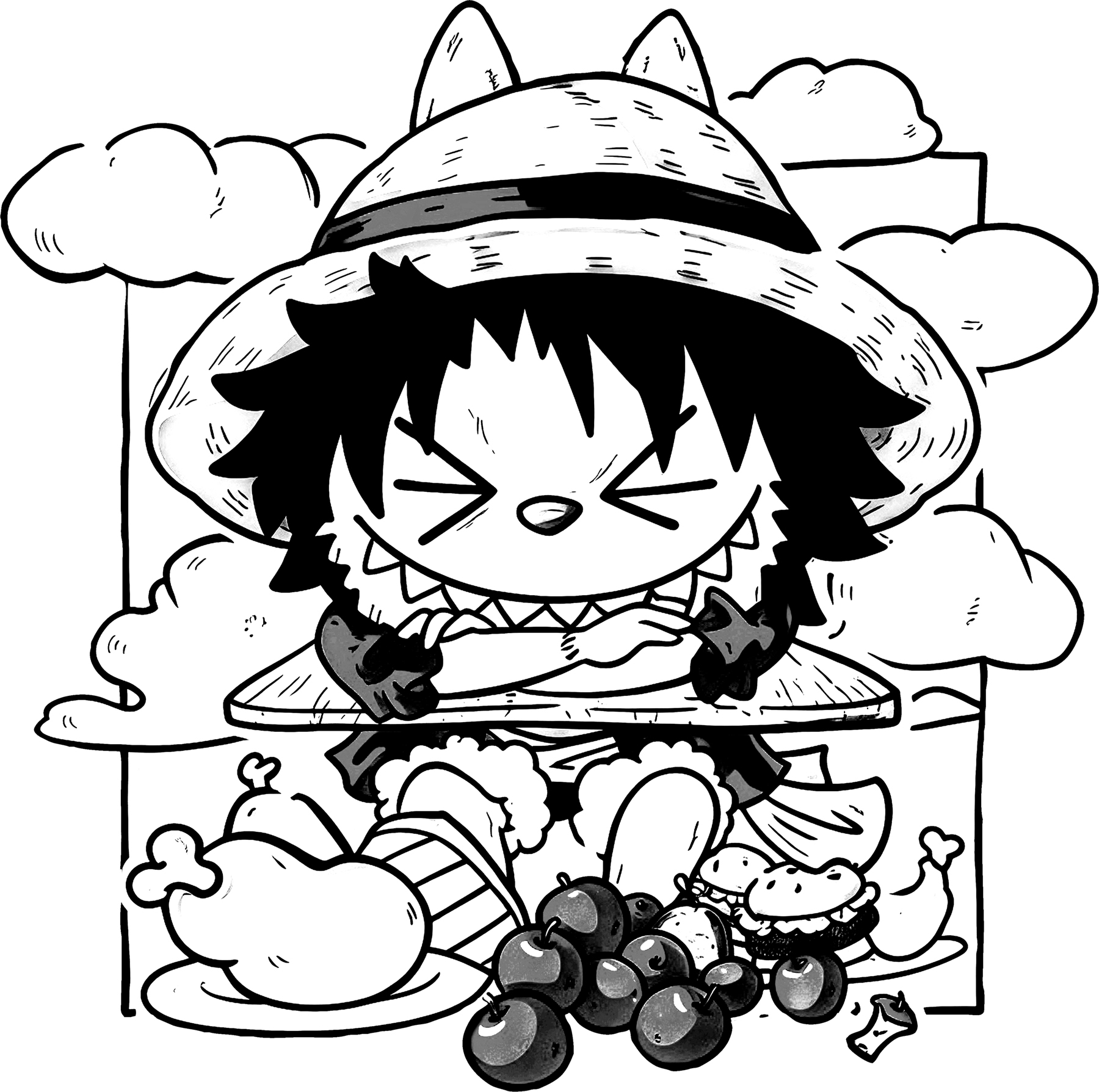 Labubu dressed as Luffy from One Piece, line art for coloring