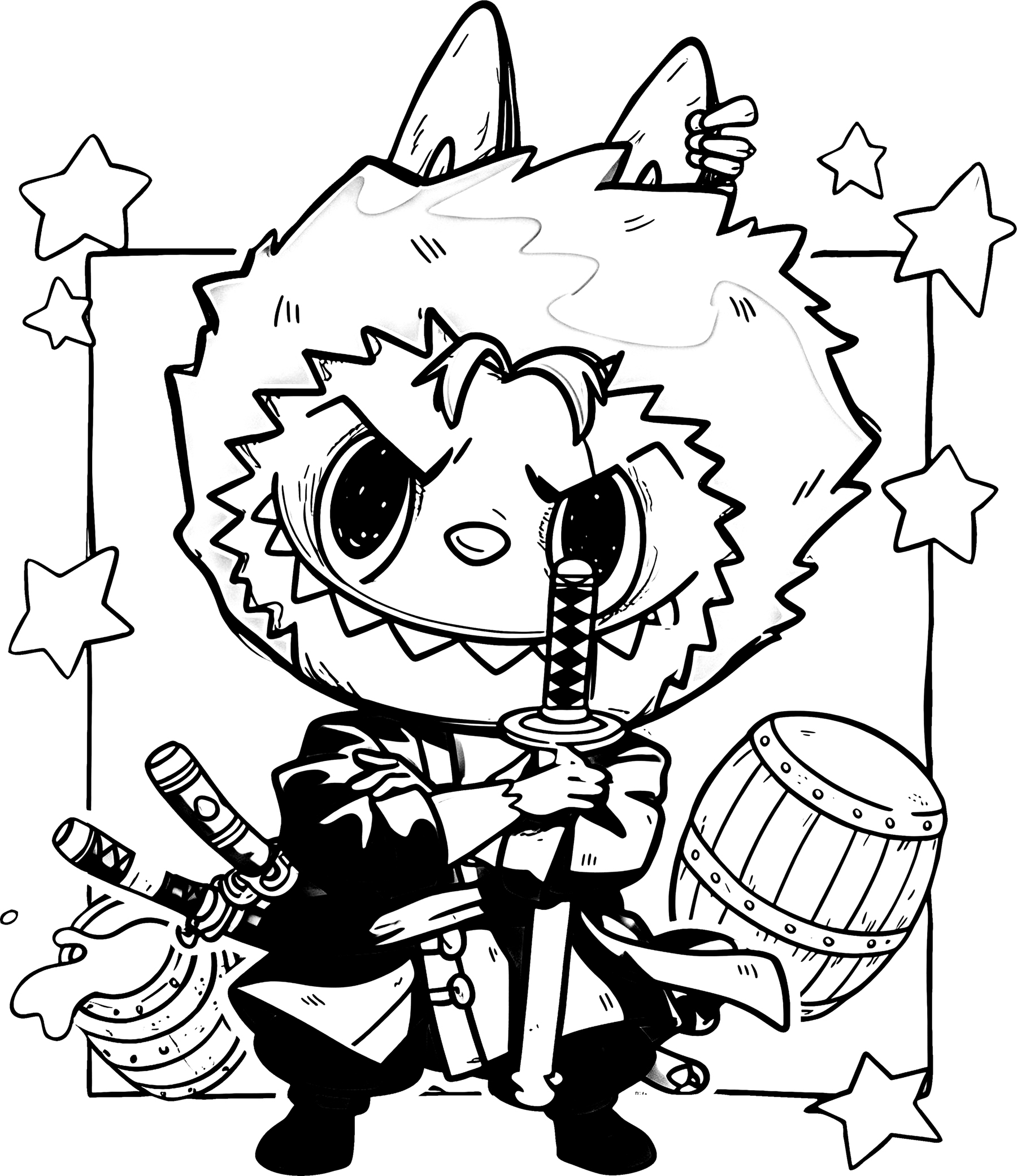 Labubu dressed as Zoro from One Piece, line art for coloring