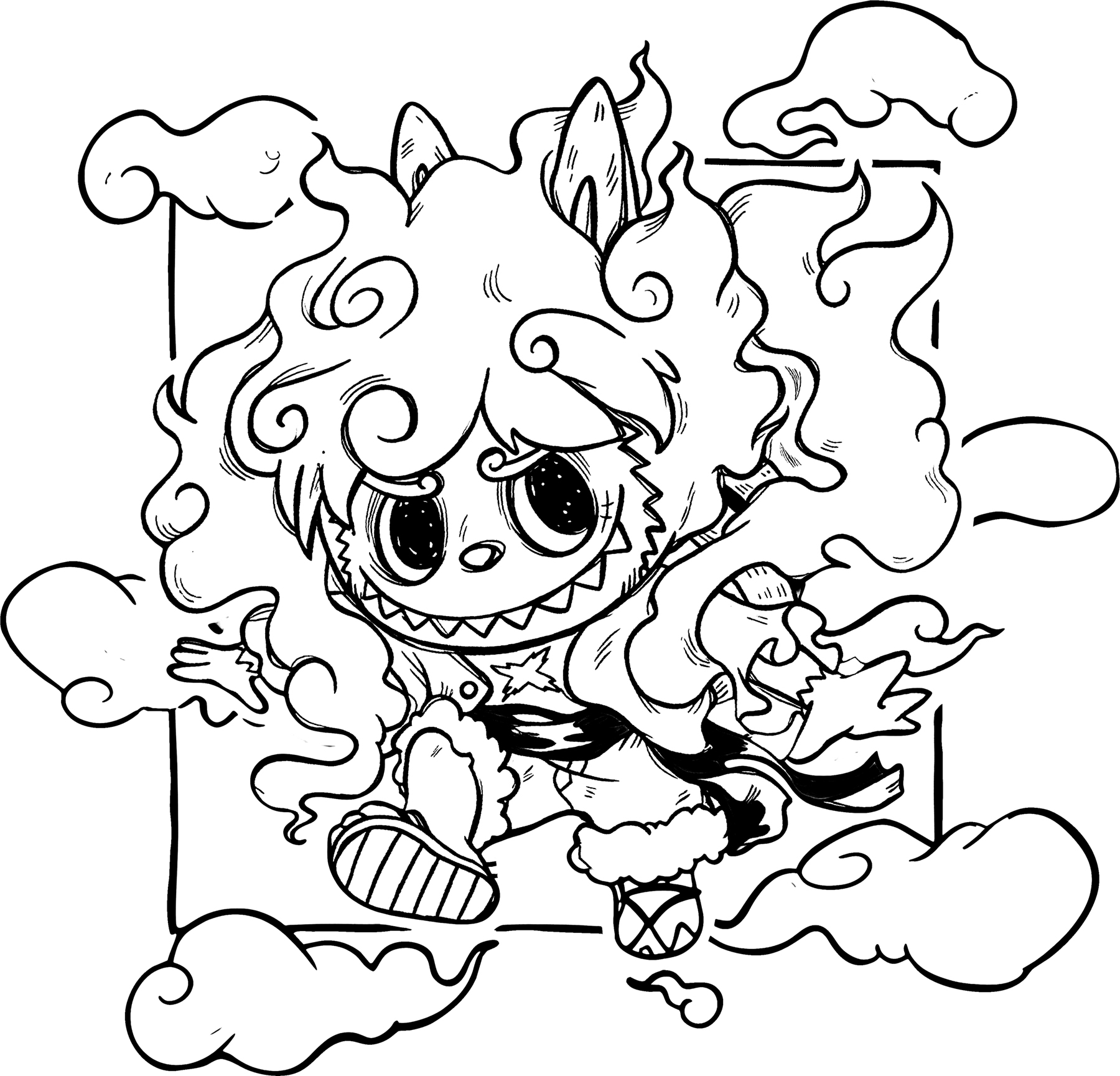 Labubu dressed as Nami from One Piece, line art for coloring