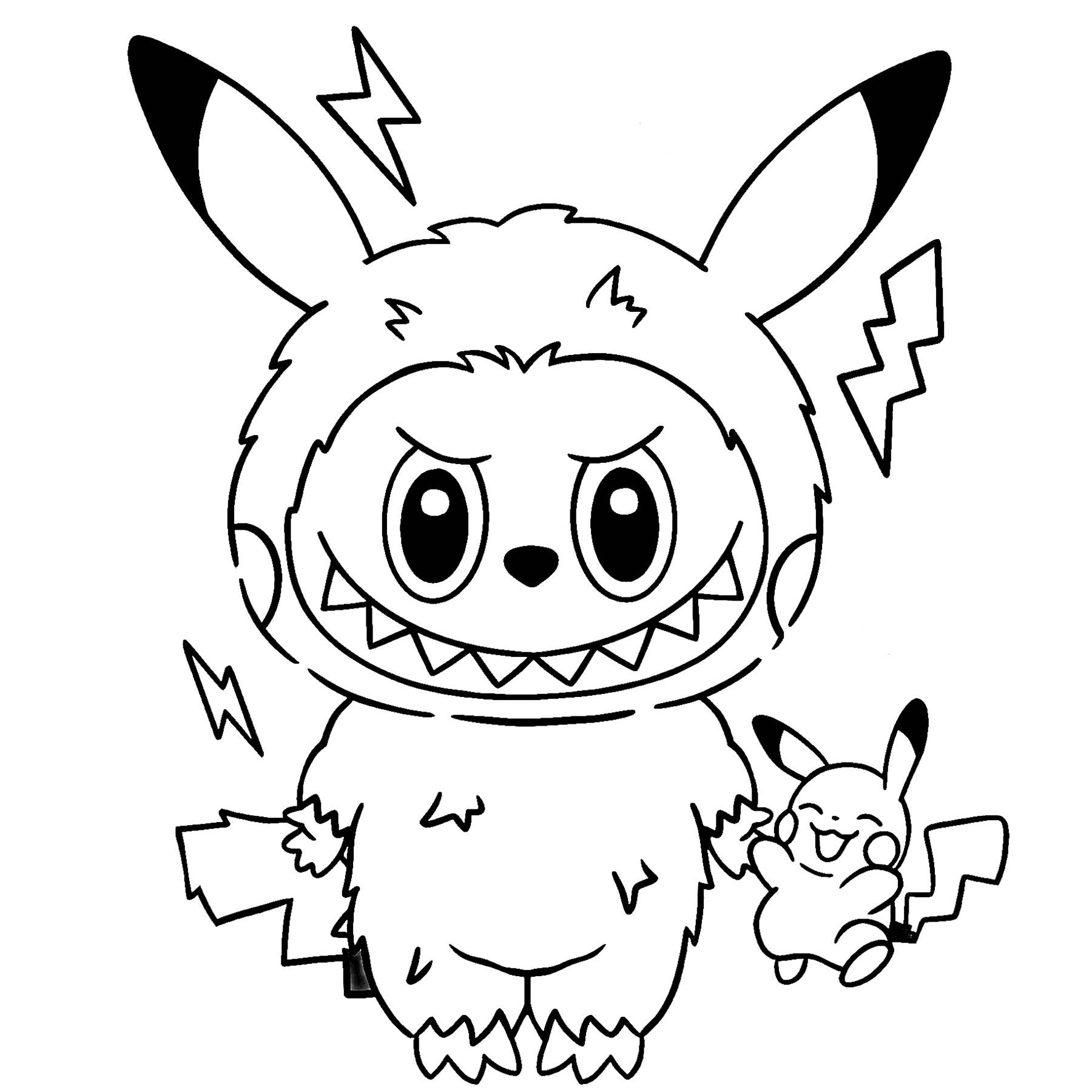 Labubu dressed as Pikachu, line art for coloring