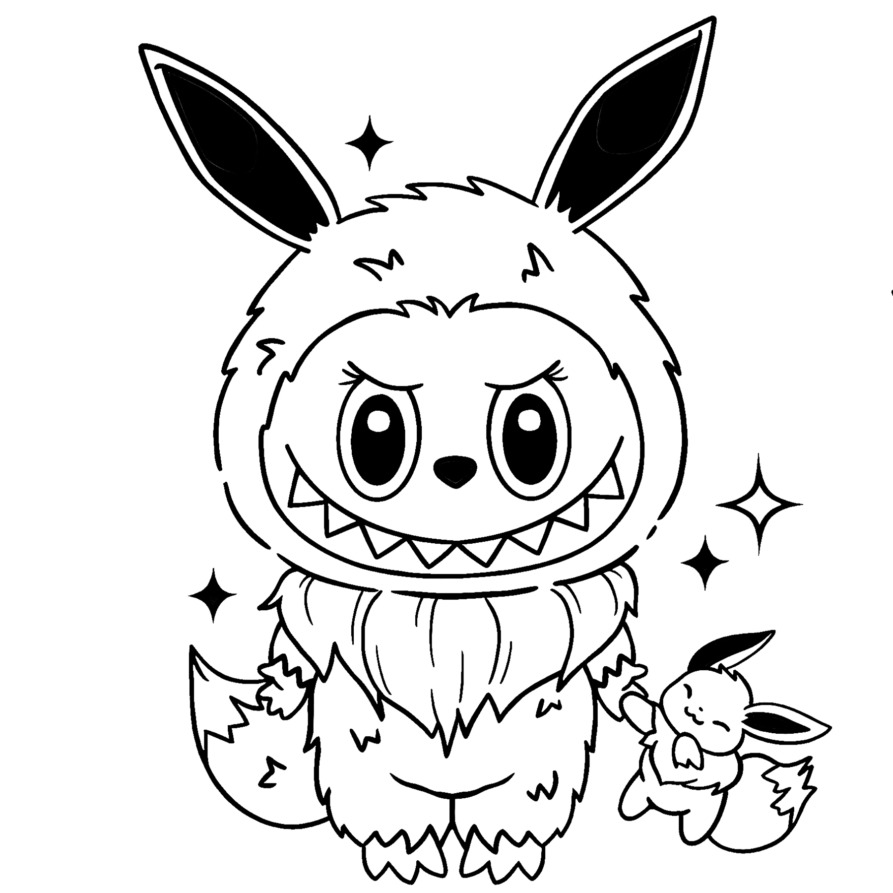 Labubu dressed as Eevee, line art for coloring