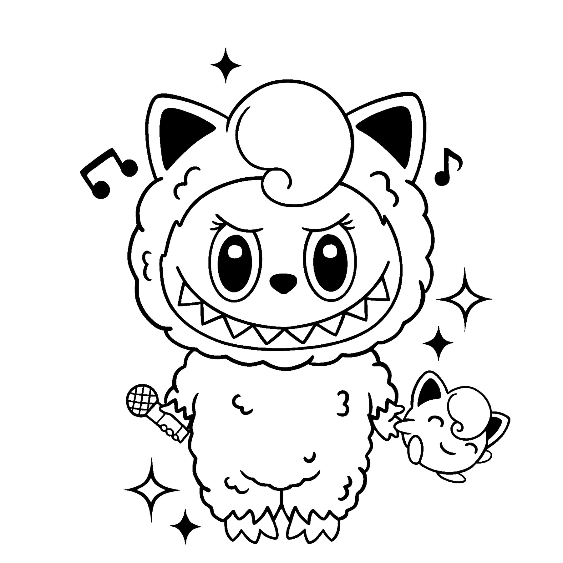 Labubu dressed as Jigglypuff, line art for coloring