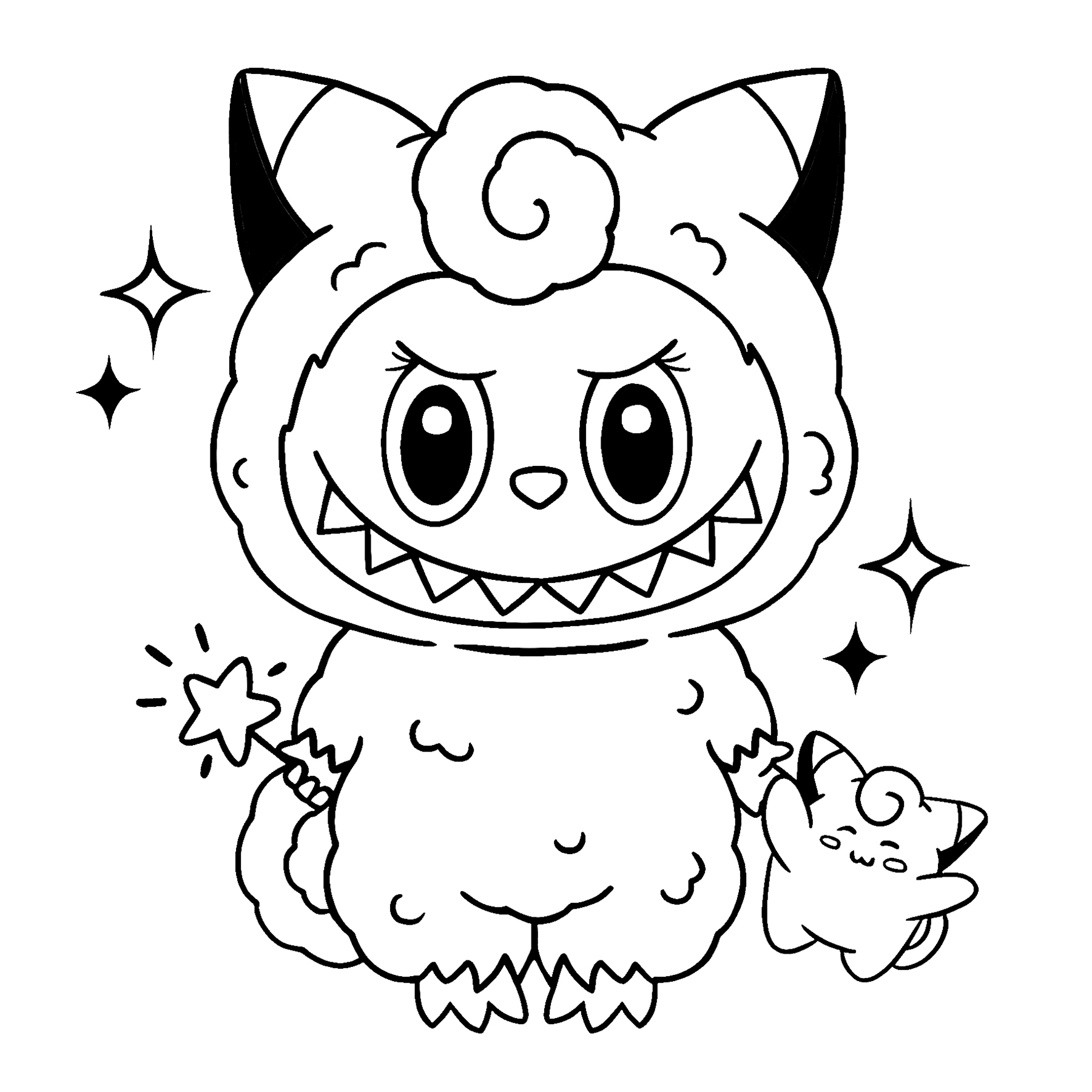 Labubu dressed as Clefable, line art for coloring