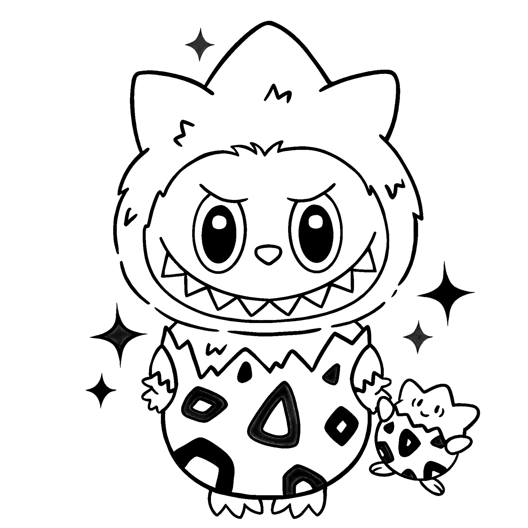Labubu dressed as Bulbasaur, line art for coloring